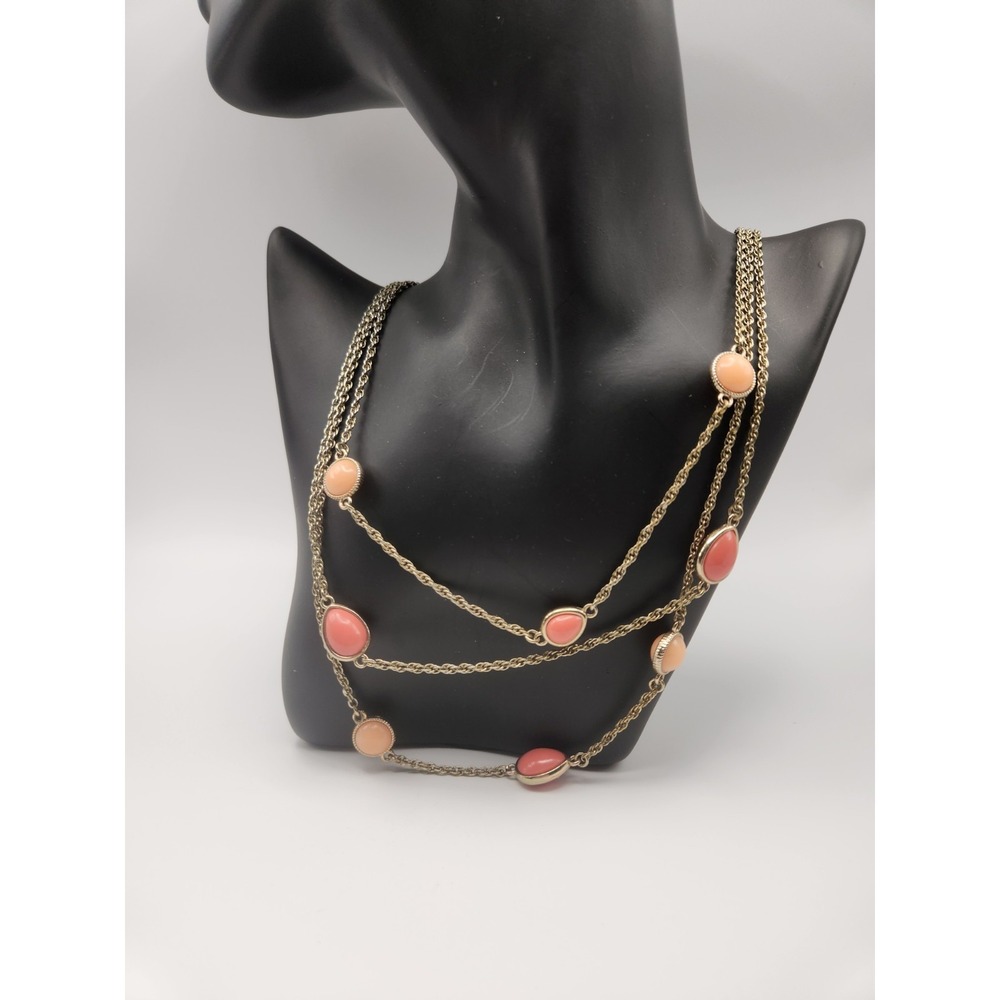 Trifari‎ Gold Tone Multi Strand Layered Necklace Coral Peach Cabochon Stones